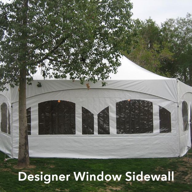 Hexagon wedding tent with window sidewalls to keep the wind and rain away from guests.